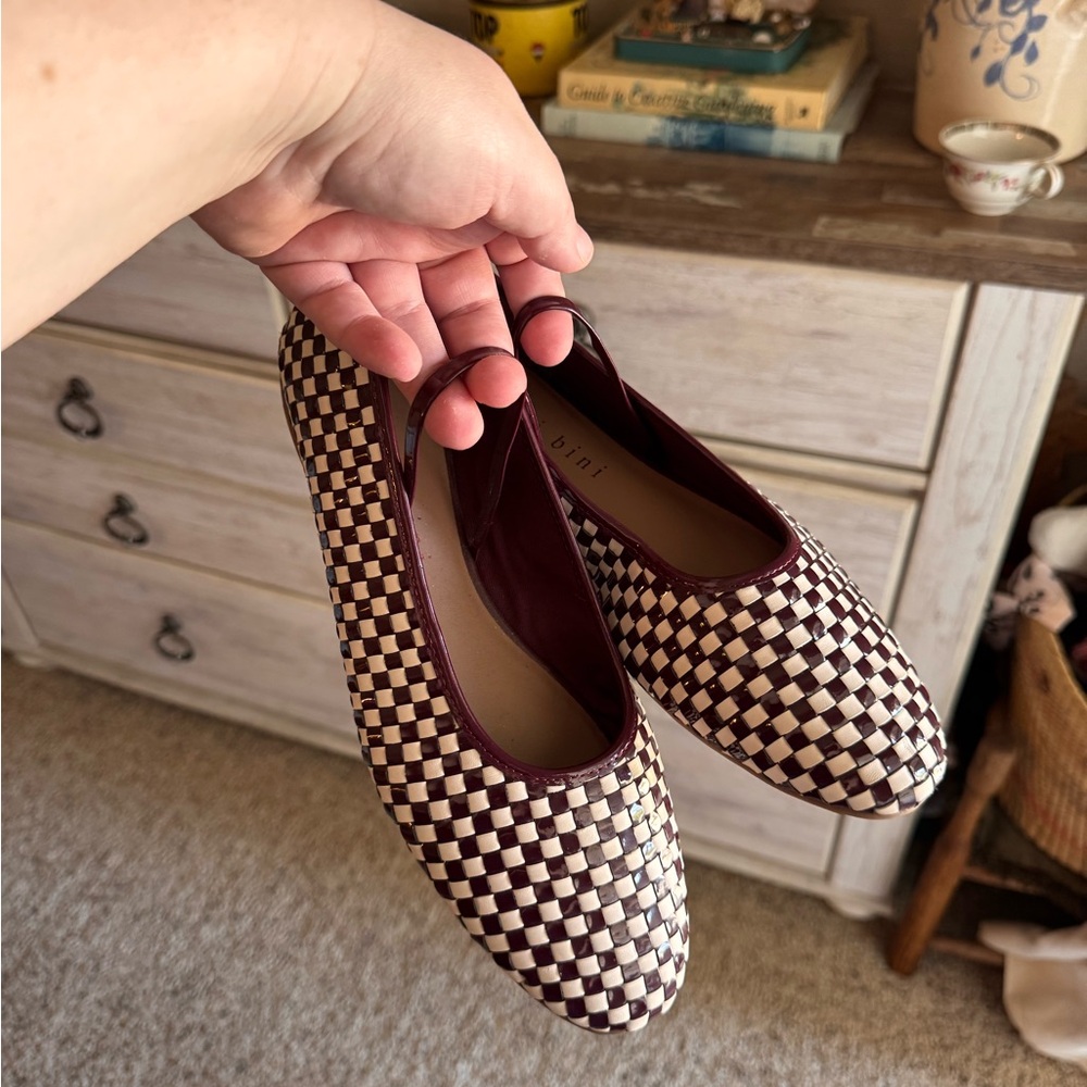 Gianni Bini Checkerboard Woven Mary Jane’s/Ballet Flats - Burgundy & Cream